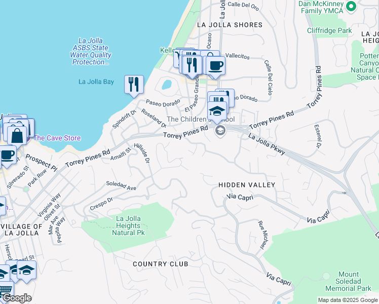 map of restaurants, bars, coffee shops, grocery stores, and more near 7863 East Roseland Drive in San Diego