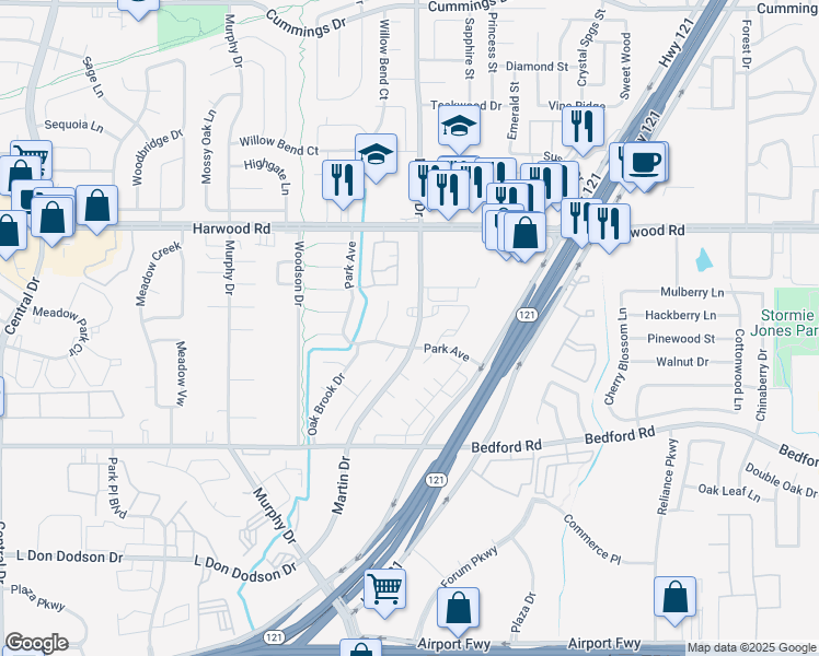 map of restaurants, bars, coffee shops, grocery stores, and more near 2705 Martin Drive in Bedford