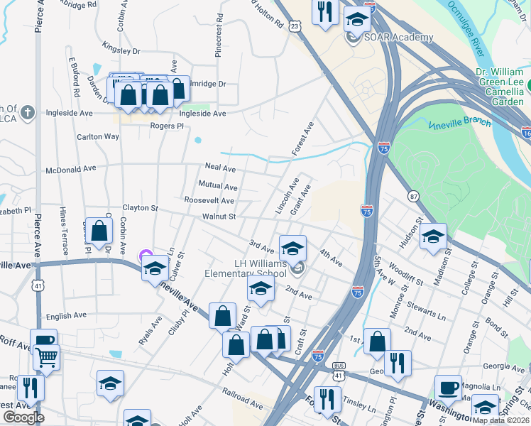 map of restaurants, bars, coffee shops, grocery stores, and more near 306 Forest Avenue in Macon