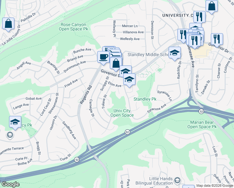 map of restaurants, bars, coffee shops, grocery stores, and more near 5918 Eton Court in San Diego