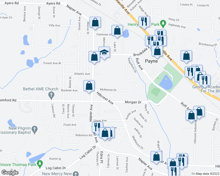 map of restaurants, bars, coffee shops, grocery stores, and more near 3619 McKenzie Drive in Macon