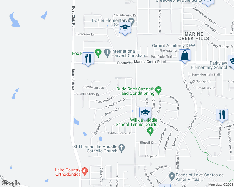 map of restaurants, bars, coffee shops, grocery stores, and more near 6221 Chalk Hollow Drive in Fort Worth