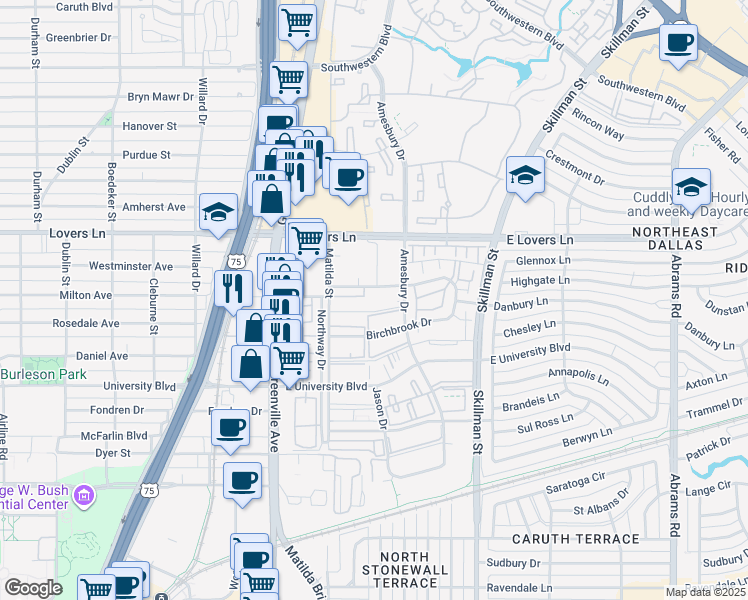map of restaurants, bars, coffee shops, grocery stores, and more near 5065 Amesbury Drive in Dallas