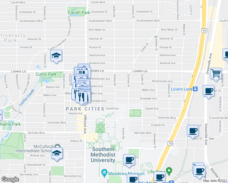 map of restaurants, bars, coffee shops, grocery stores, and more near 3200 Milton Avenue in Dallas