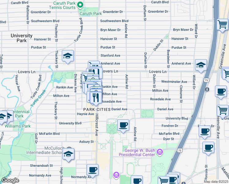 map of restaurants, bars, coffee shops, grocery stores, and more near 3236 Milton Avenue in Dallas