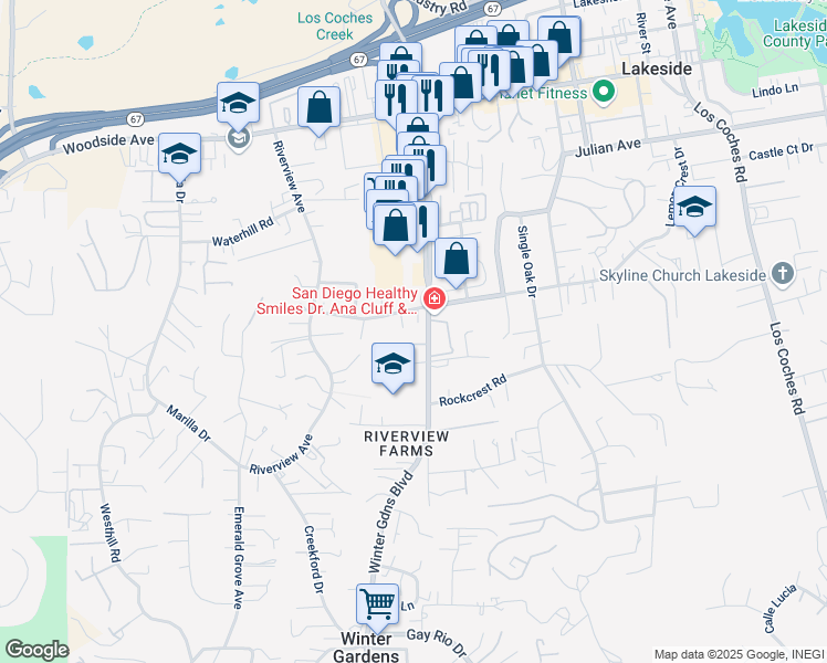 map of restaurants, bars, coffee shops, grocery stores, and more near 9413 Winter Gardens Boulevard in Lakeside