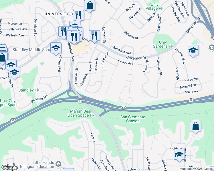 map of restaurants, bars, coffee shops, grocery stores, and more near 5901 Dirac Street in San Diego