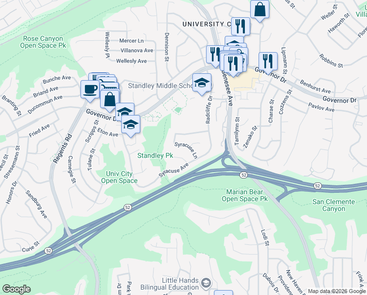 map of restaurants, bars, coffee shops, grocery stores, and more near 6164 Syracuse Lane in San Diego