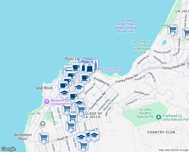 map of restaurants, bars, coffee shops, grocery stores, and more near 7985 Prospect Place in San Diego