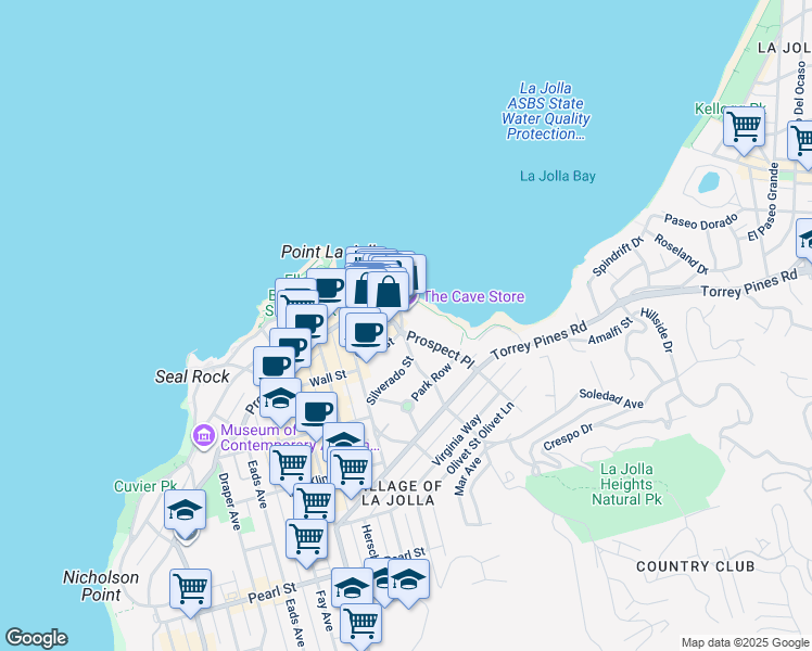map of restaurants, bars, coffee shops, grocery stores, and more near 7985 Prospect Place in San Diego