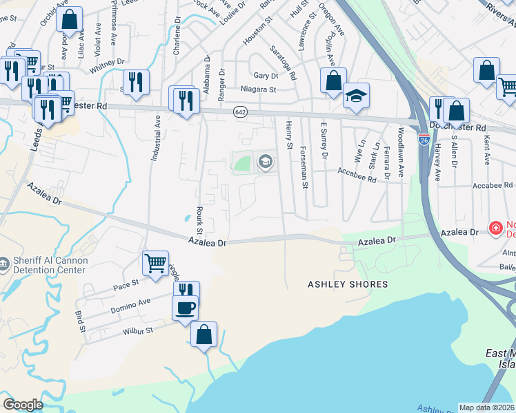 map of restaurants, bars, coffee shops, grocery stores, and more near 3361 Dowling Road in North Charleston