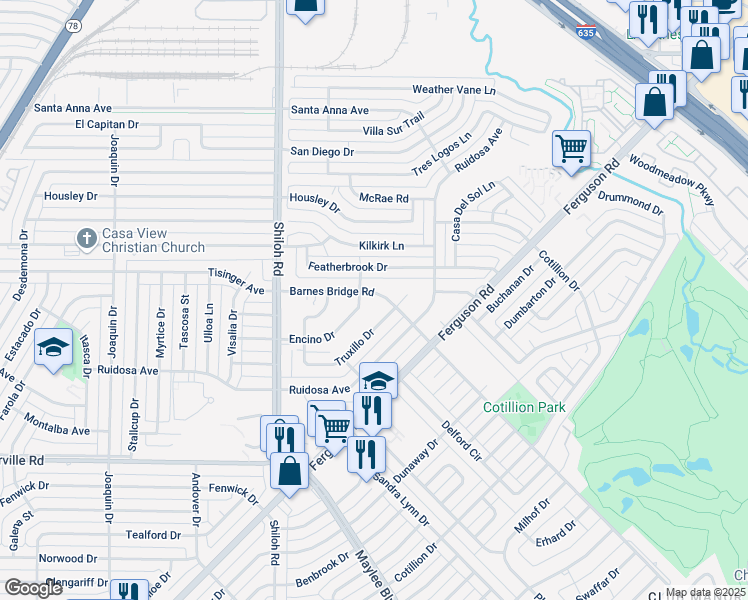 map of restaurants, bars, coffee shops, grocery stores, and more near 3226 Barnes Bridge Road in Dallas