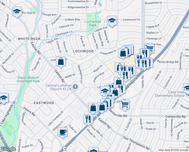 map of restaurants, bars, coffee shops, grocery stores, and more near 10805 Palace Way in Dallas