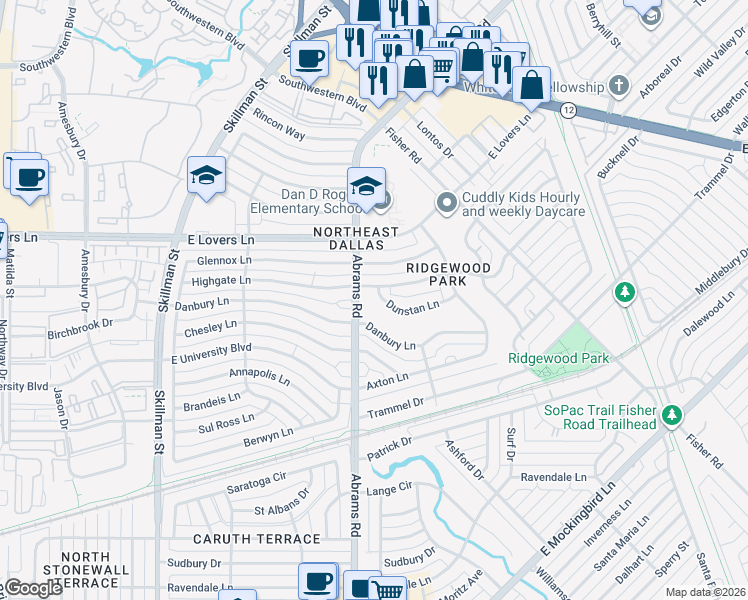 map of restaurants, bars, coffee shops, grocery stores, and more near 6422 Dunstan Lane in Dallas