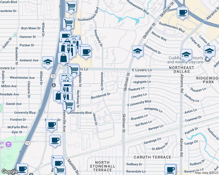 map of restaurants, bars, coffee shops, grocery stores, and more near 6019 Birchbrook Drive in Dallas