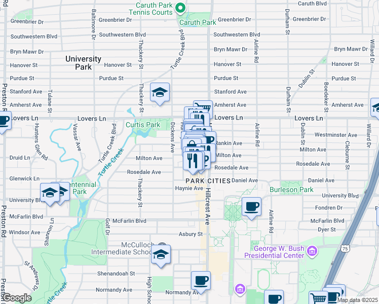 map of restaurants, bars, coffee shops, grocery stores, and more near 3428 Hursey Street in Dallas