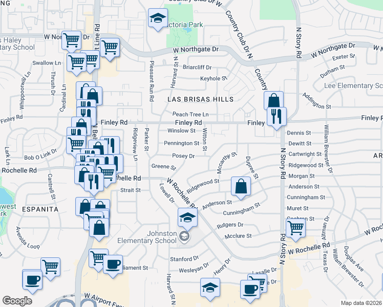map of restaurants, bars, coffee shops, grocery stores, and more near 2729 Posey Drive in Irving