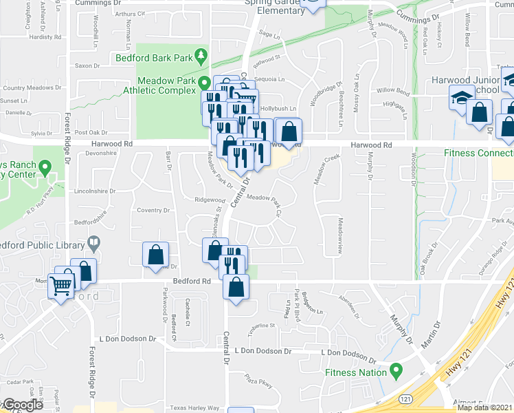 map of restaurants, bars, coffee shops, grocery stores, and more near 2505 Meadow Park Circle in Bedford