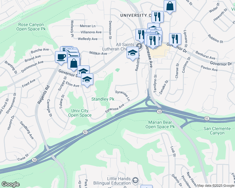 map of restaurants, bars, coffee shops, grocery stores, and more near 6164 Syracuse Lane in San Diego