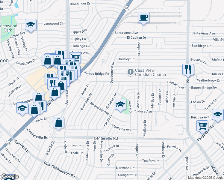map of restaurants, bars, coffee shops, grocery stores, and more near 11211 Estacado Drive in Dallas
