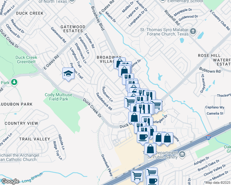 map of restaurants, bars, coffee shops, grocery stores, and more near 5433 Laredo Lane in Garland
