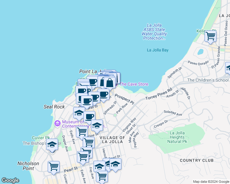 map of restaurants, bars, coffee shops, grocery stores, and more near 1315 Cave Street in San Diego