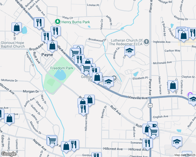map of restaurants, bars, coffee shops, grocery stores, and more near 2983 Vineville Avenue in Macon
