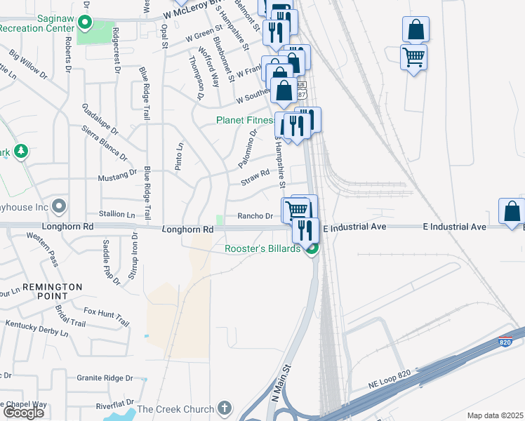map of restaurants, bars, coffee shops, grocery stores, and more near 224 Rancho Drive in Saginaw