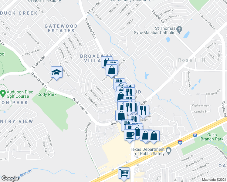map of restaurants, bars, coffee shops, grocery stores, and more near 5475 Robin Road in Garland