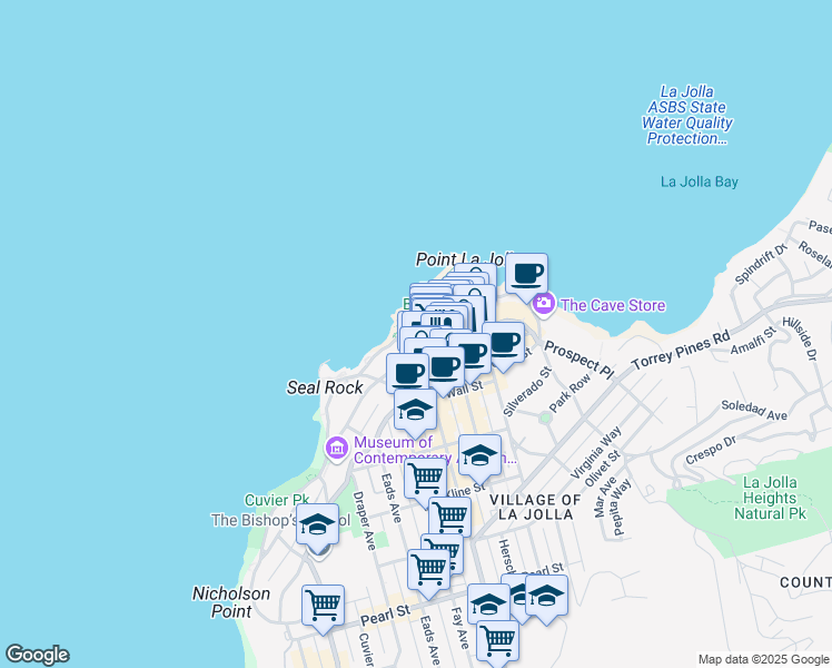 map of restaurants, bars, coffee shops, grocery stores, and more near 1039 Coast Boulevard in San Diego