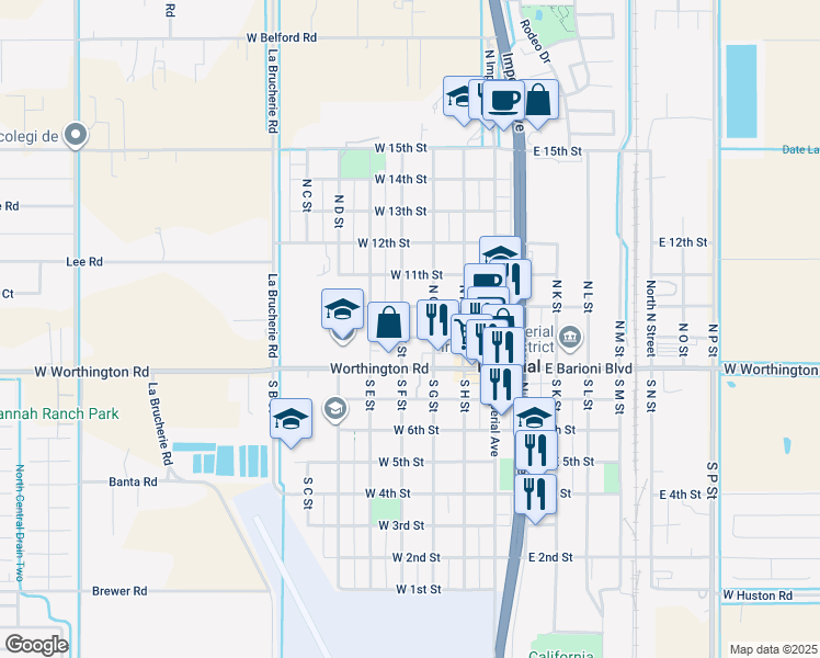 map of restaurants, bars, coffee shops, grocery stores, and more near 323 West 9 Th Street in Imperial