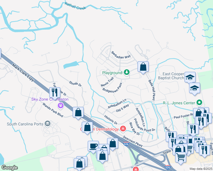 map of restaurants, bars, coffee shops, grocery stores, and more near 332 Nevis Trail in Mount Pleasant