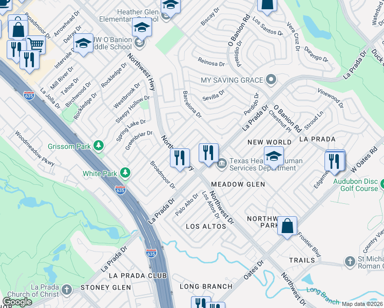 map of restaurants, bars, coffee shops, grocery stores, and more near 738 Brighton Lane in Garland