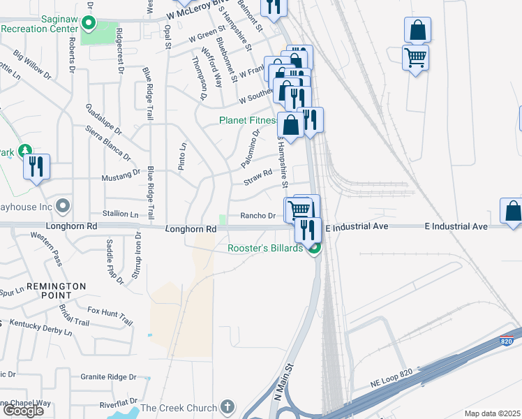 map of restaurants, bars, coffee shops, grocery stores, and more near 224 Rancho Drive in Saginaw