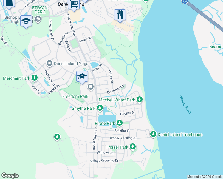map of restaurants, bars, coffee shops, grocery stores, and more near 1794 Pierce Street in Charleston
