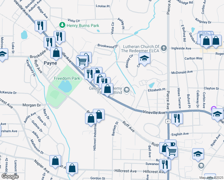 map of restaurants, bars, coffee shops, grocery stores, and more near 193 Kenmore Place in Macon