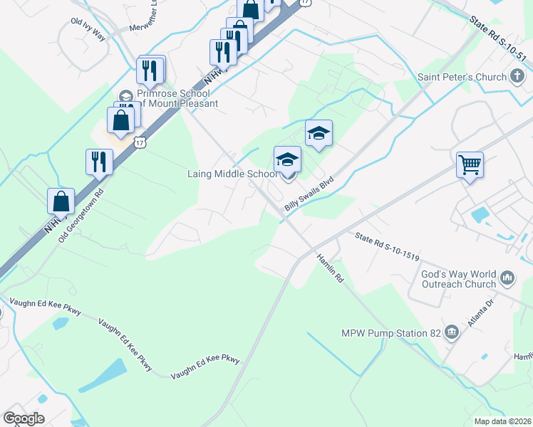map of restaurants, bars, coffee shops, grocery stores, and more near 1283 Hamlin Road in Mount Pleasant