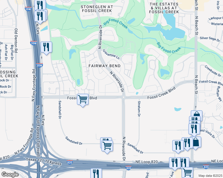 map of restaurants, bars, coffee shops, grocery stores, and more near 4111 Fossil Creek Boulevard in Fort Worth