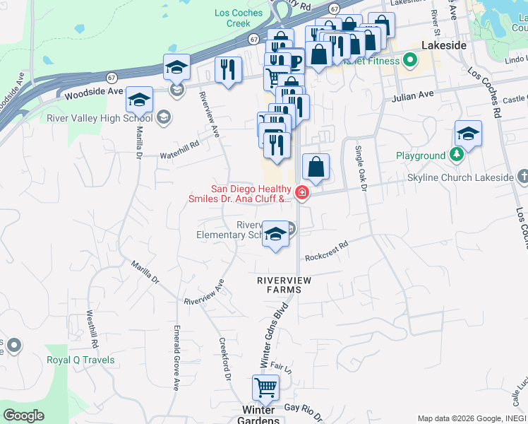 map of restaurants, bars, coffee shops, grocery stores, and more near 9412 Saguaro Road in Lakeside