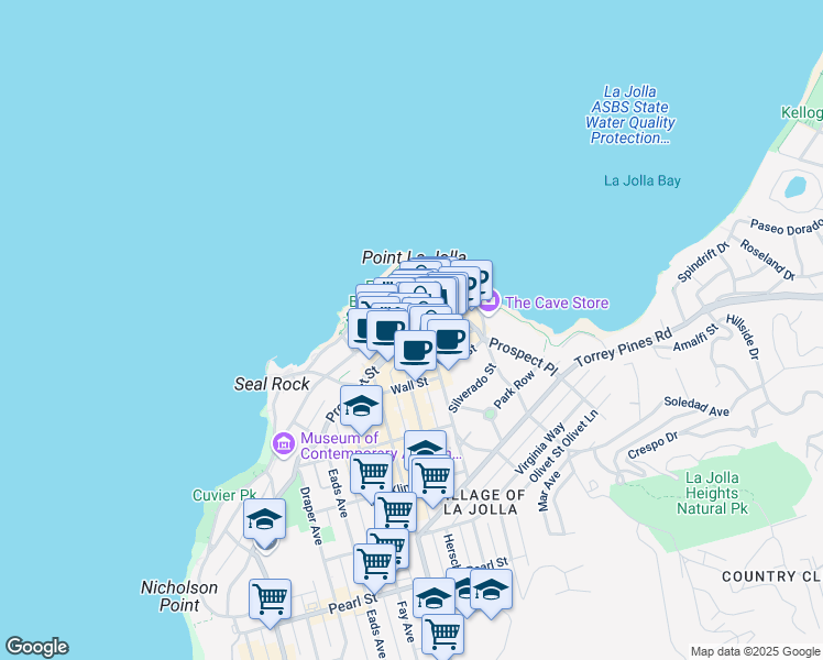 map of restaurants, bars, coffee shops, grocery stores, and more near 1131 Prospect Street in San Diego