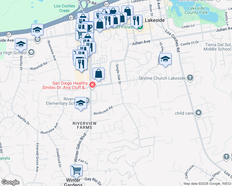 map of restaurants, bars, coffee shops, grocery stores, and more near 12252 Whittaker Lane in Lakeside
