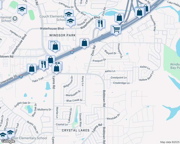 map of restaurants, bars, coffee shops, grocery stores, and more near 4501 Bobtown Road in Garland