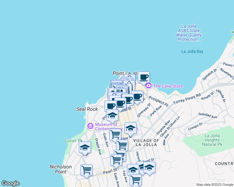 map of restaurants, bars, coffee shops, grocery stores, and more near 8040 Girard Avenue in San Diego