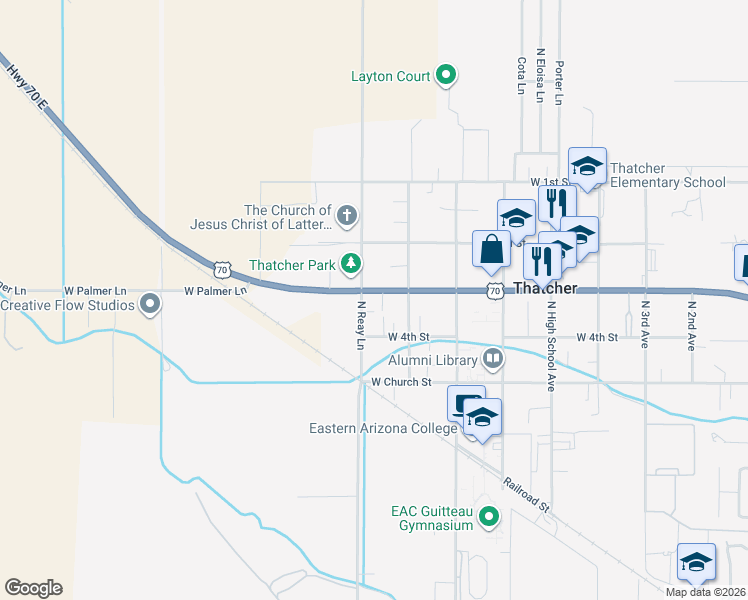 map of restaurants, bars, coffee shops, grocery stores, and more near 41 North Reay Lane in Thatcher
