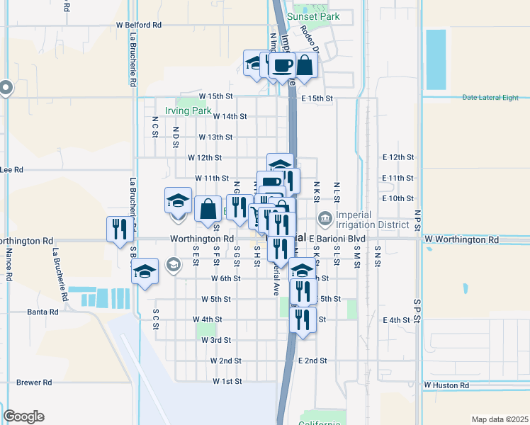 map of restaurants, bars, coffee shops, grocery stores, and more near 121 West 9 Th Street in Imperial