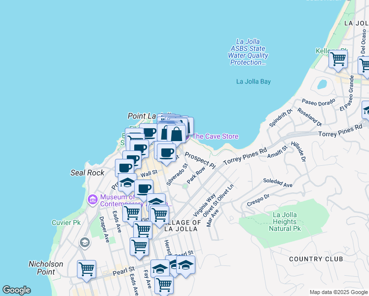map of restaurants, bars, coffee shops, grocery stores, and more near 7985 Prospect Place in San Diego