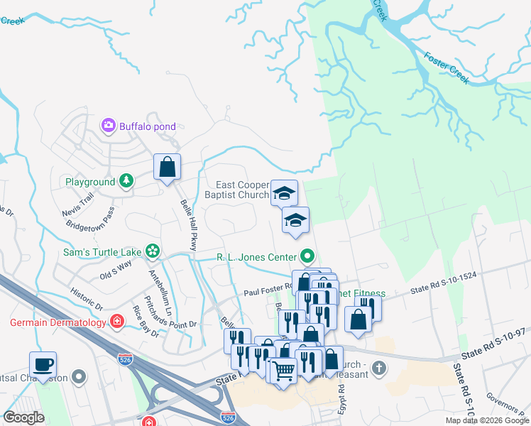 map of restaurants, bars, coffee shops, grocery stores, and more near in Charleston