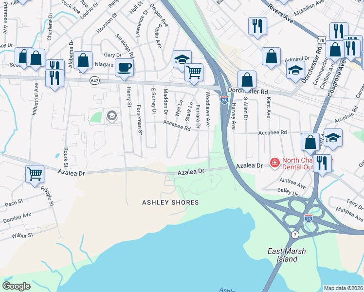 map of restaurants, bars, coffee shops, grocery stores, and more near 2645 Madden Drive in North Charleston