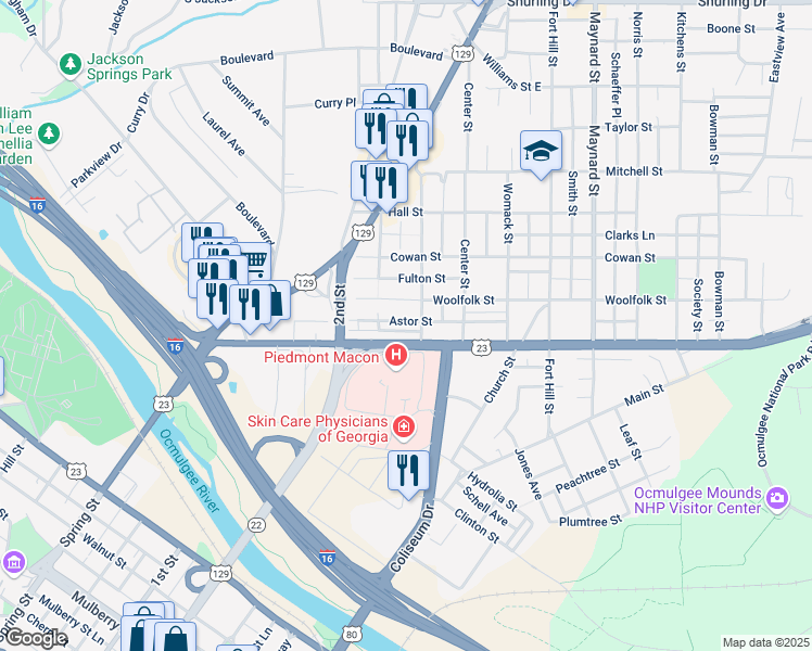 map of restaurants, bars, coffee shops, grocery stores, and more near 360 Emery Highway in Macon