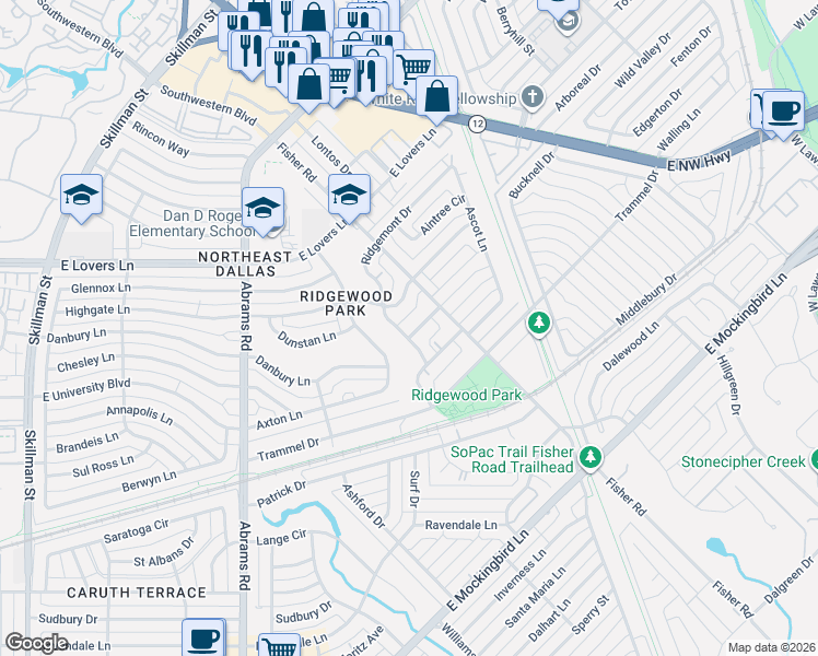 map of restaurants, bars, coffee shops, grocery stores, and more near 6631 Ridgemont Drive in Dallas